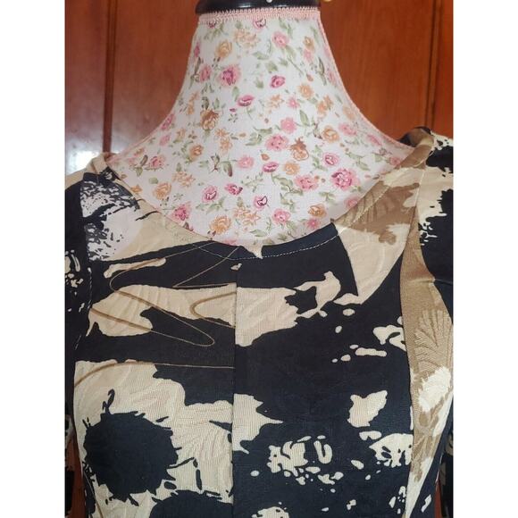 Handmade S Long Sleeve Round Neck Abstract Print Maxi Dress Brown Black Cream - Picture 3 of 9